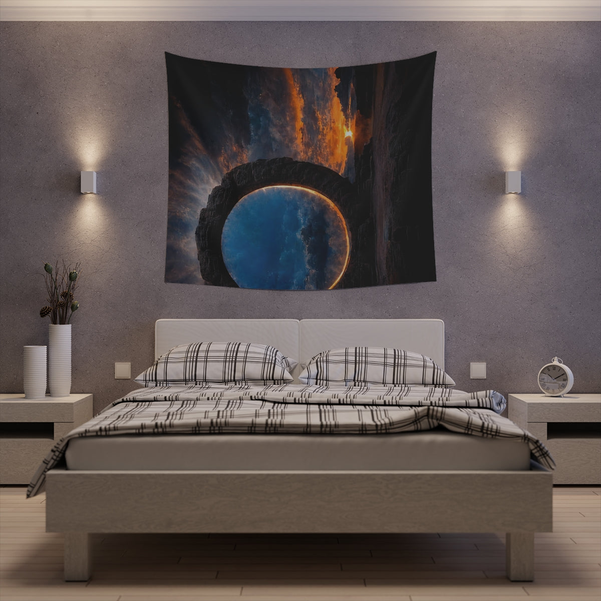 sunset stargate made of stone that form a circle - Indoor Wall Tapestries