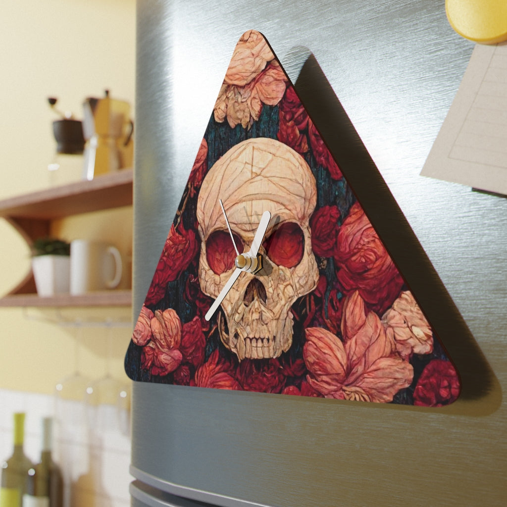 tiling pattern on wood panel of small skulls and vivid roses, gouache illustration