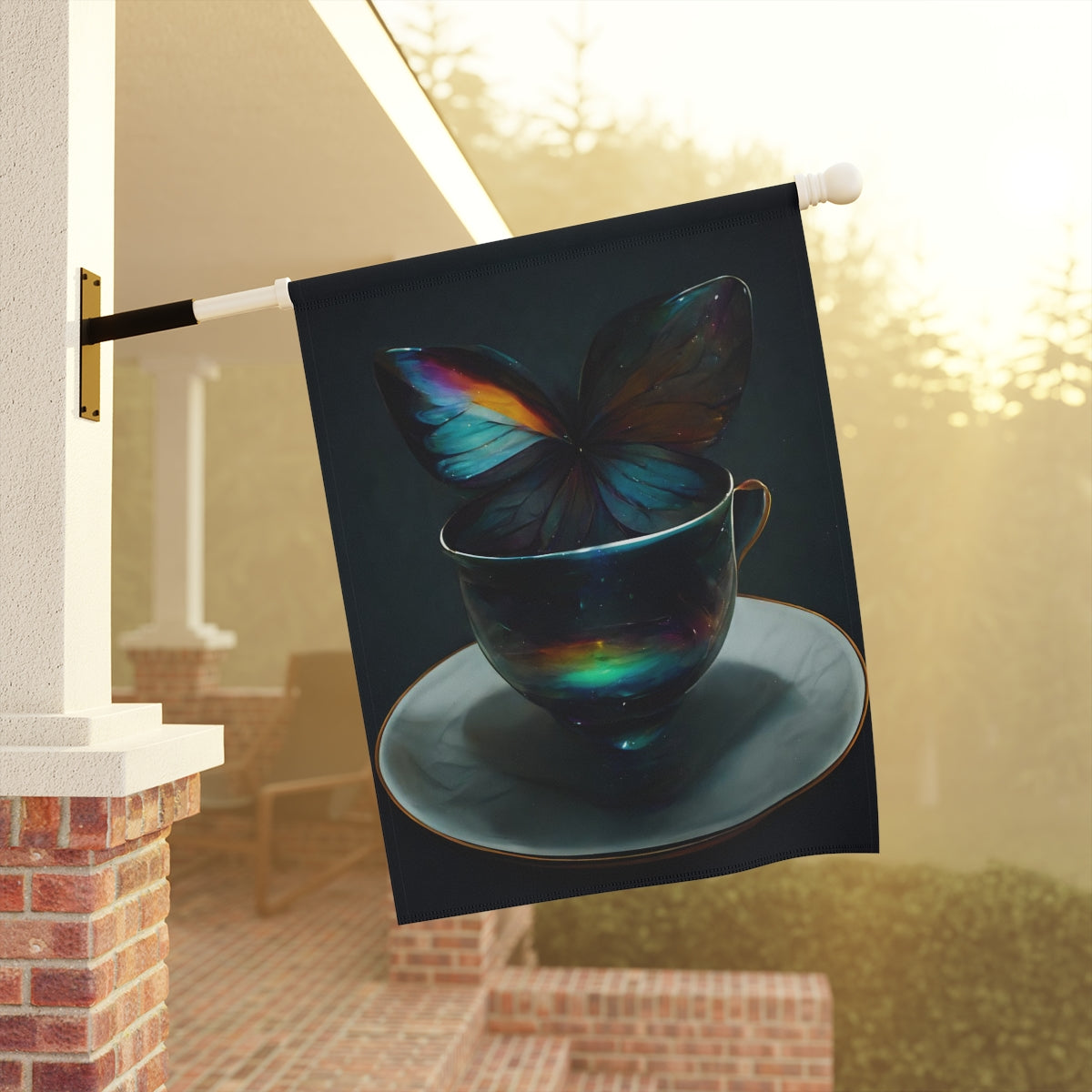 an iridescent teacup with rainbow butterfly wings behind it