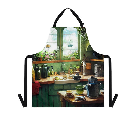 whimsical fantasy cottage kitchen, pot on the stove, bottles and jars, hanging herbs, charming, quaint, 8k, detailed and ultra realistic, fantasy - Apron