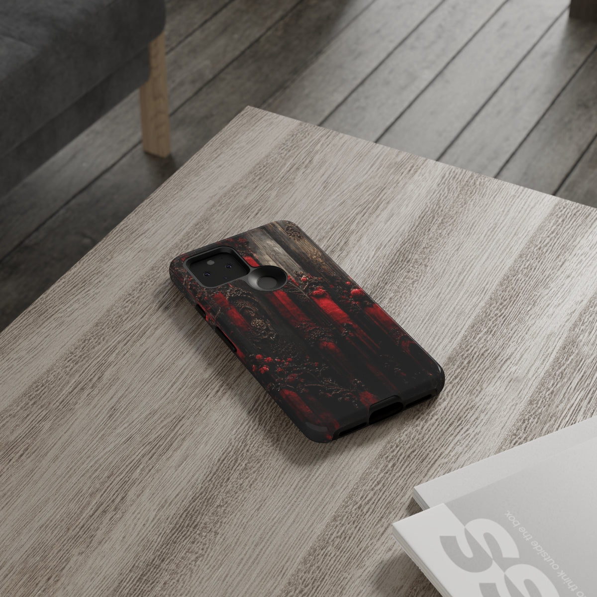 phone case - wall paper texture of red and black gothic painting octane rendering cinematic wooden detailed design frame