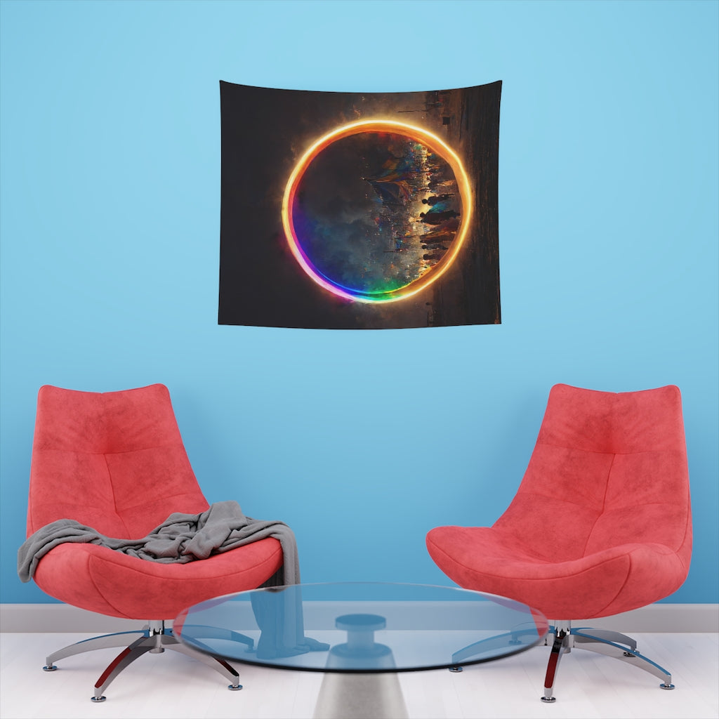 a bright rainbow circle of magic at burning man, cinematic - Printed Wall Tapestry