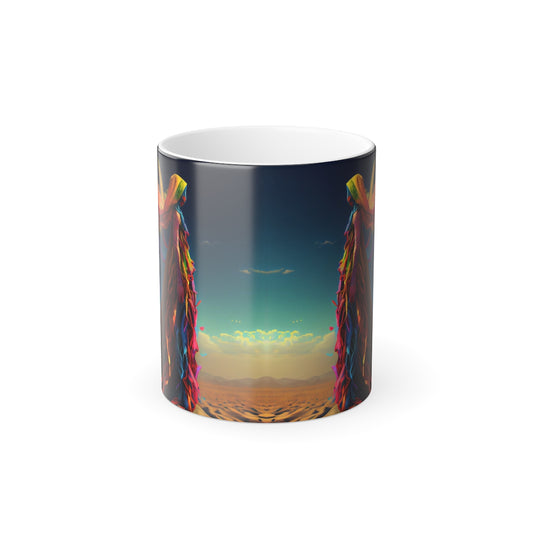 woman noble feminine, full body, made of colorful holi colored, fabric ribbons, in a storm,in the desert,burning man, Color Morphing Mug, 11oz