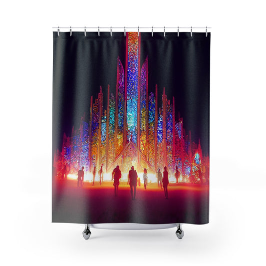 Shower Curtains - stained glass cathedral at burning man at night