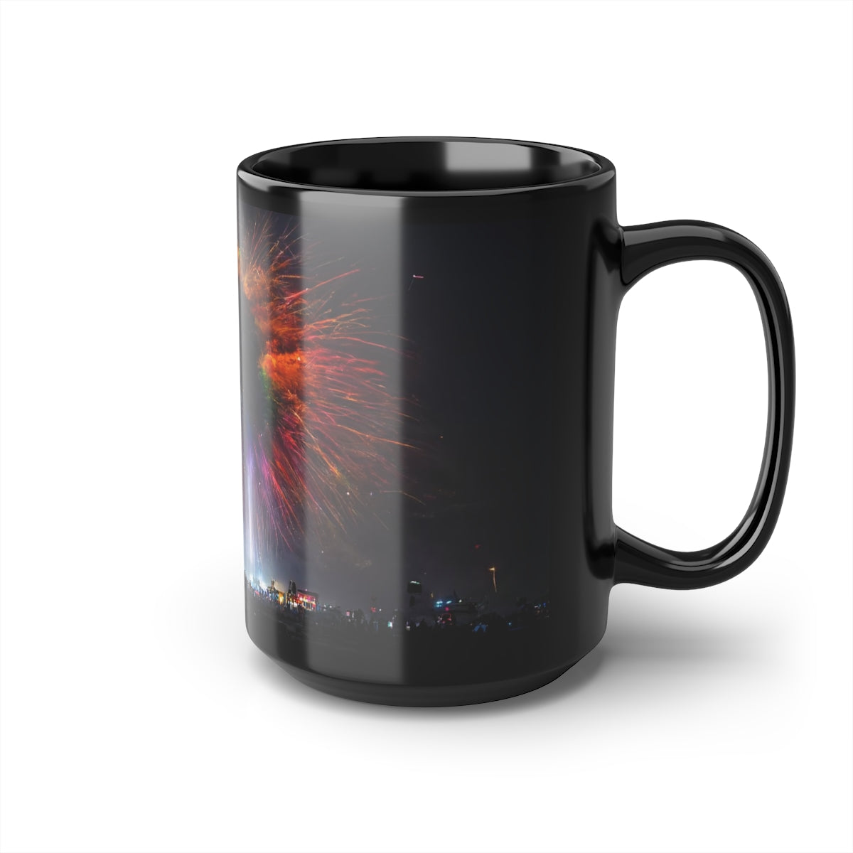 giant rainbow fireworks exploding in the sky, black rock city in the background, lasers and lights illuminating dust, last star in an early morning sky, crowds of people dancing below, Black Mug, 15oz