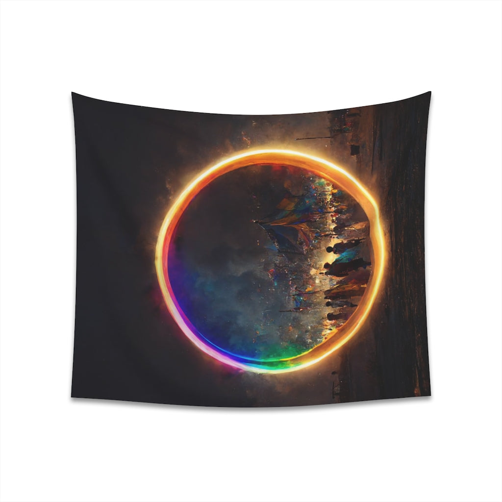 a bright rainbow circle of magic at burning man, cinematic - Printed Wall Tapestry