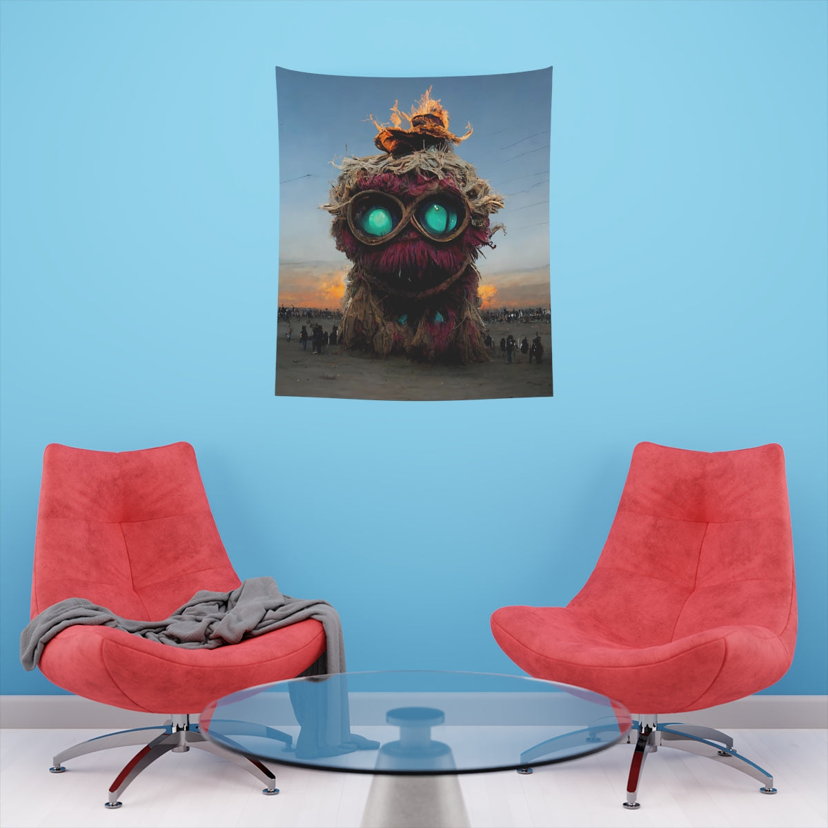 giant muppet monster rampaging at burning man - Indoor Wall Tapestries