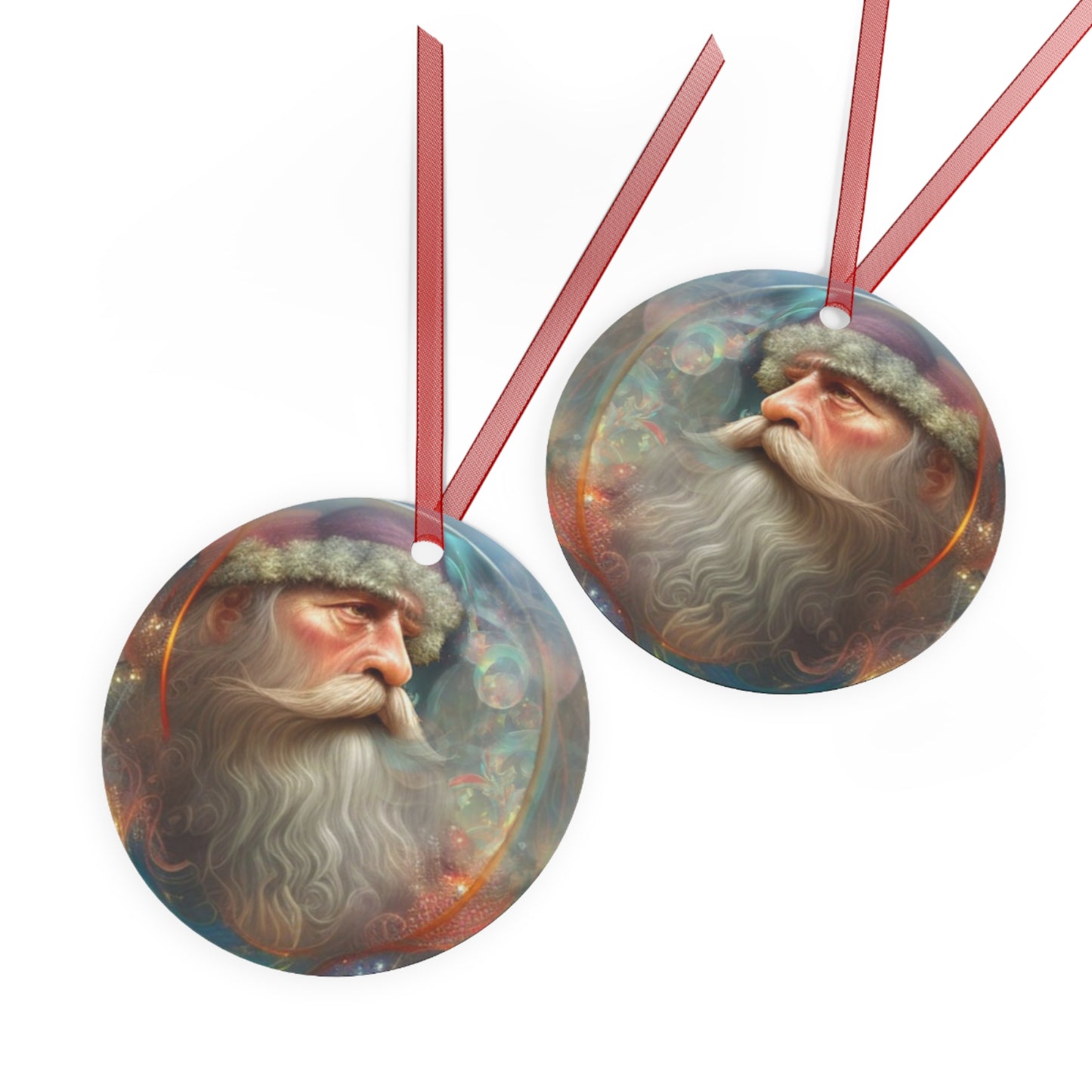 The Teafaerie: a transparent spherical glass Christmas ornament. more smoke An intricately detailed happy Santa Claus is inside of it, smoking a pipe. Metal Ornament