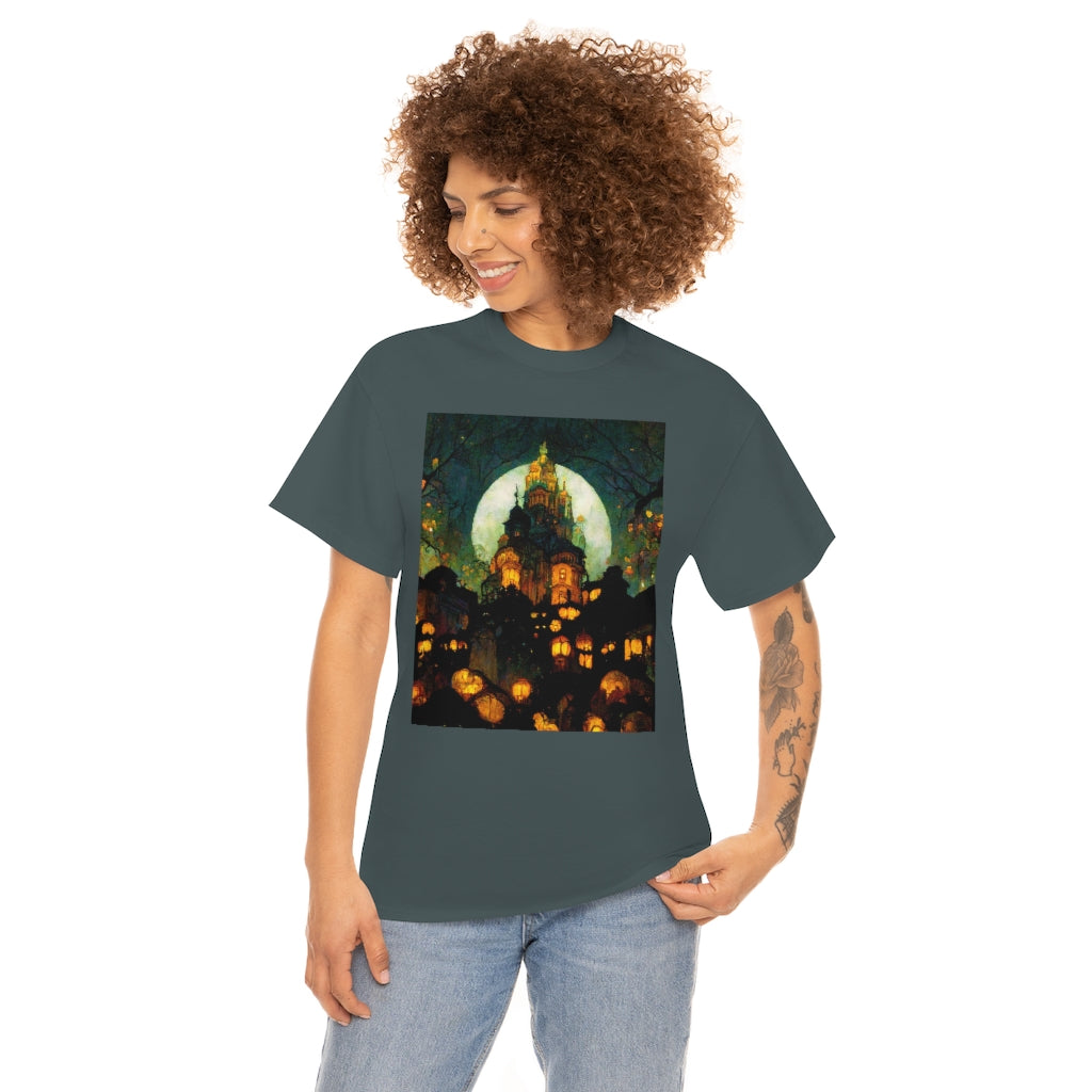 street-level_view_of_halloween_town_at_night_by_alphonse_mucha - Unisex Heavy Cotton Tee