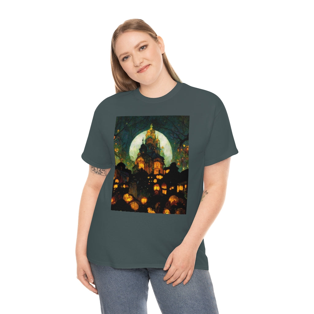 street-level_view_of_halloween_town_at_night_by_alphonse_mucha - Unisex Heavy Cotton Tee