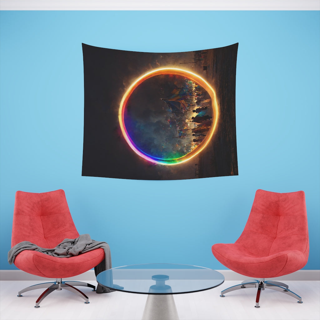 a bright rainbow circle of magic at burning man, cinematic - Printed Wall Tapestry