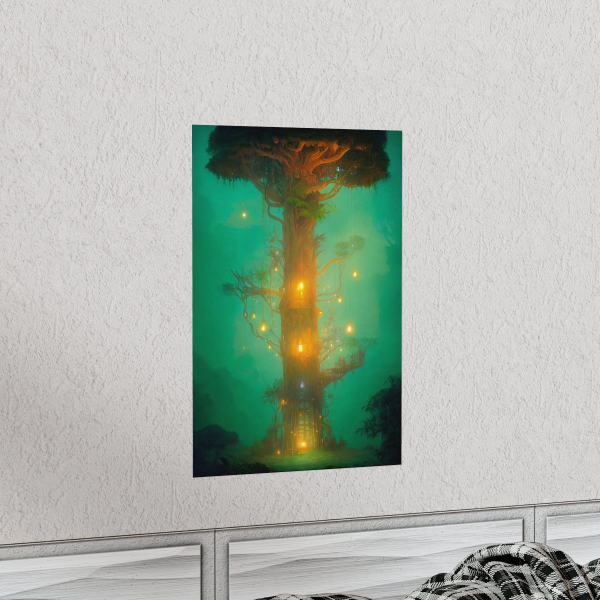 Premium Matte vertical posters - mystical treehouse surrounded by exotic plants and fireflies, jungle fog at sunset, cinematic lighting