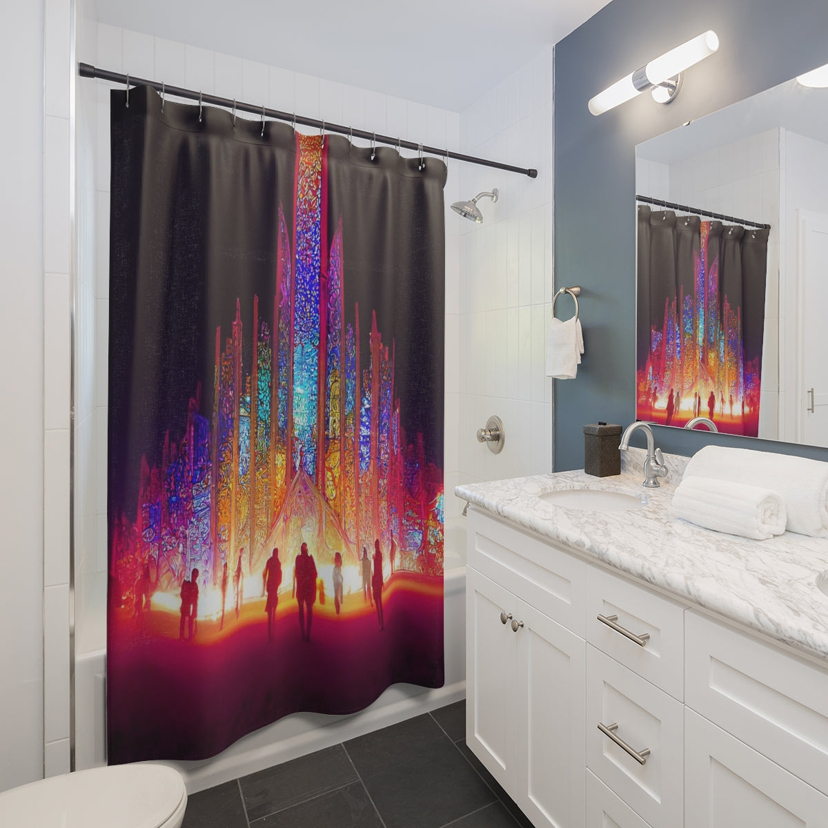 Shower Curtains - stained glass cathedral at burning man at night