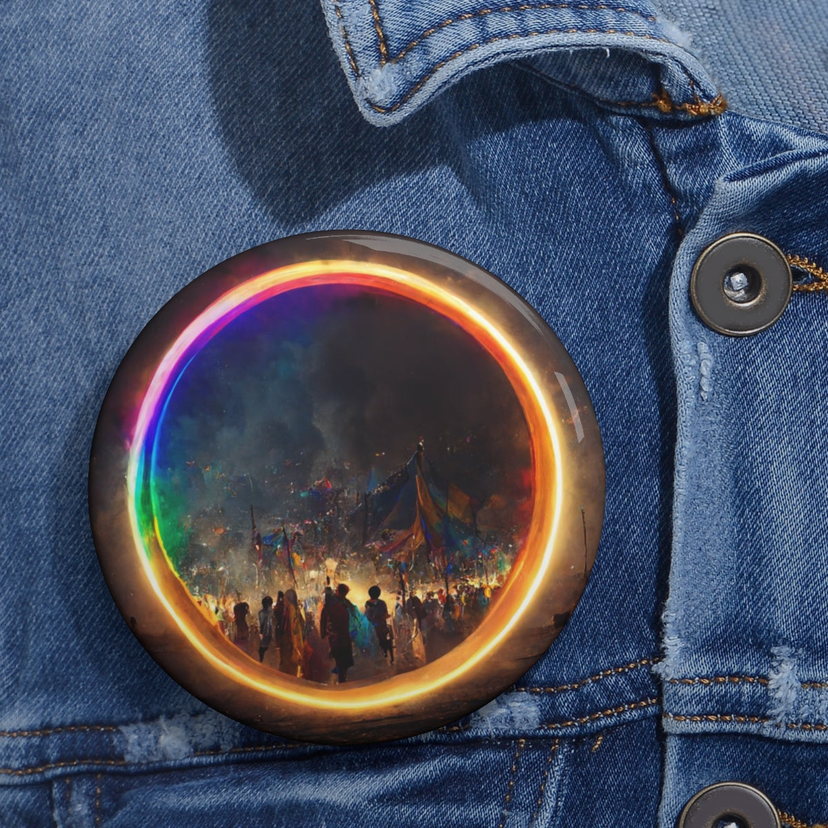 a bright rainbow circle of magic at burning man, cinematic, realistic, intricate detail, finely detailed, small details, extra detail, photorealistic - Pin Buttons