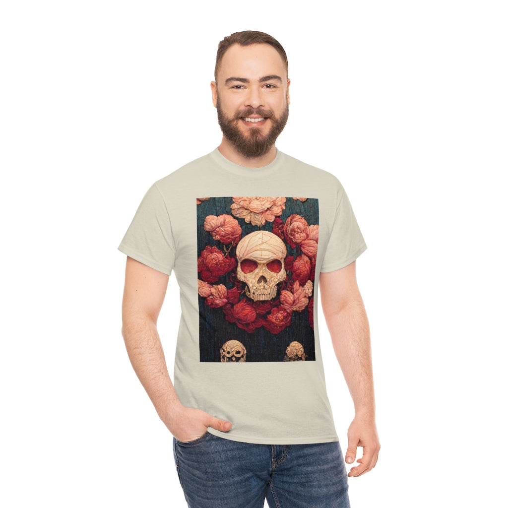 tiling pattern on wood panel of small skulls and vivid roses, gouache illustration - Unisex Heavy Cotton Tee