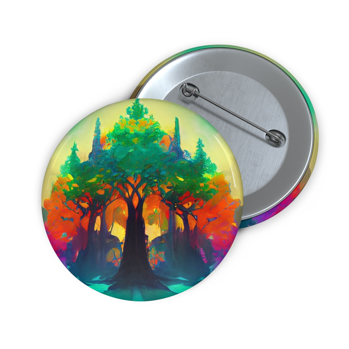 Pin Buttons - psychedelic forest of colored daylight through the stained glass leaves trees of ancient towering trees, giant tree, light, highly detailed, immersive, volumetric light