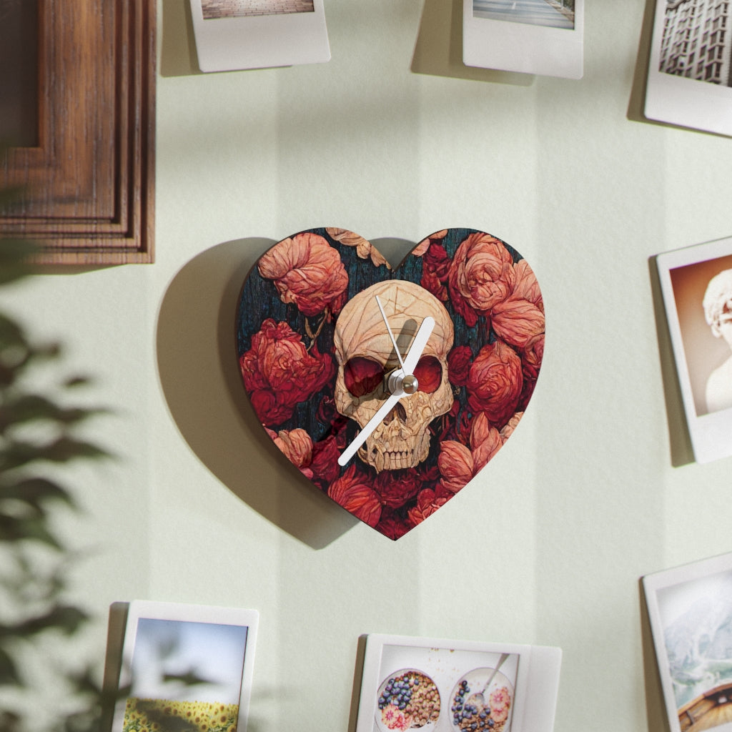 tiling pattern on wood panel of small skulls and vivid roses, gouache illustration