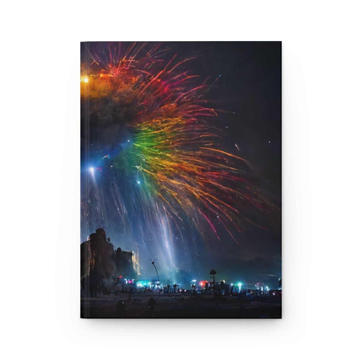 giant rainbow fireworks exploding in the sky, black rock city in the background, lasers and lights illuminating dust, last star in an early morning sky, crowds of people dancing below - Hardcover Journal Matte