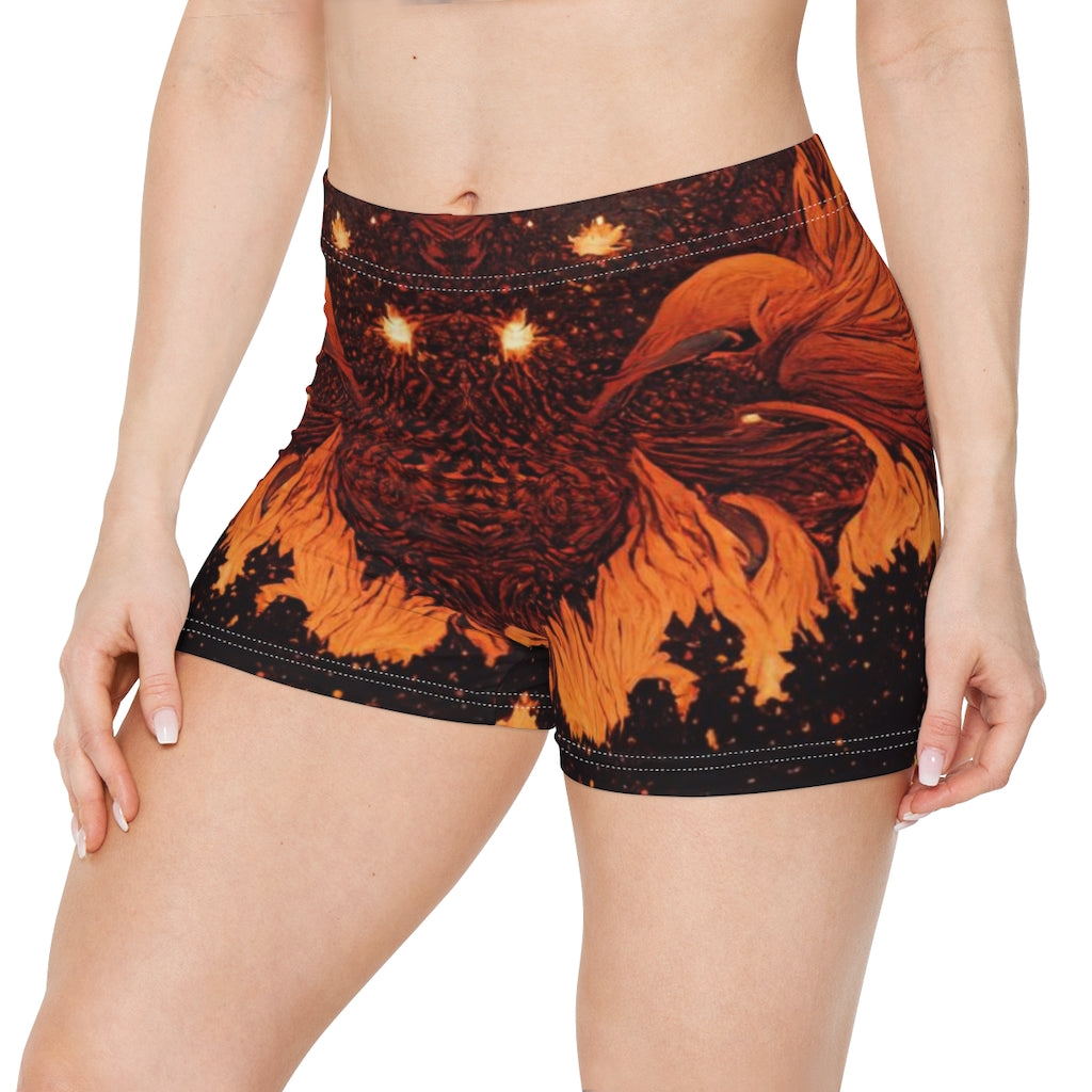 tiling pattern on wood panel of flames and stars  - Women's Shorts (AOP)