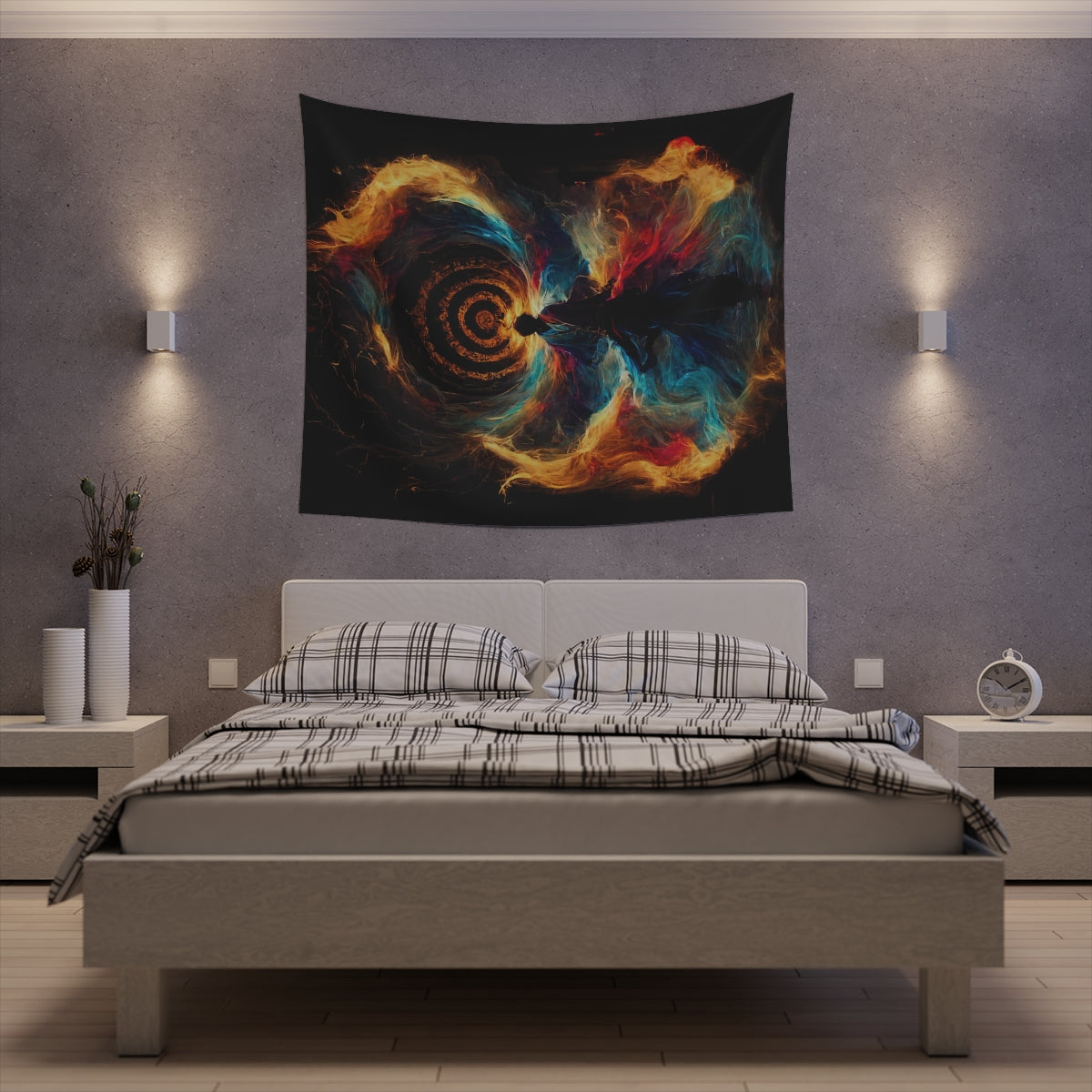 god of psychedelics dancing in a vortex made of fire - Indoor Wall Tapestries