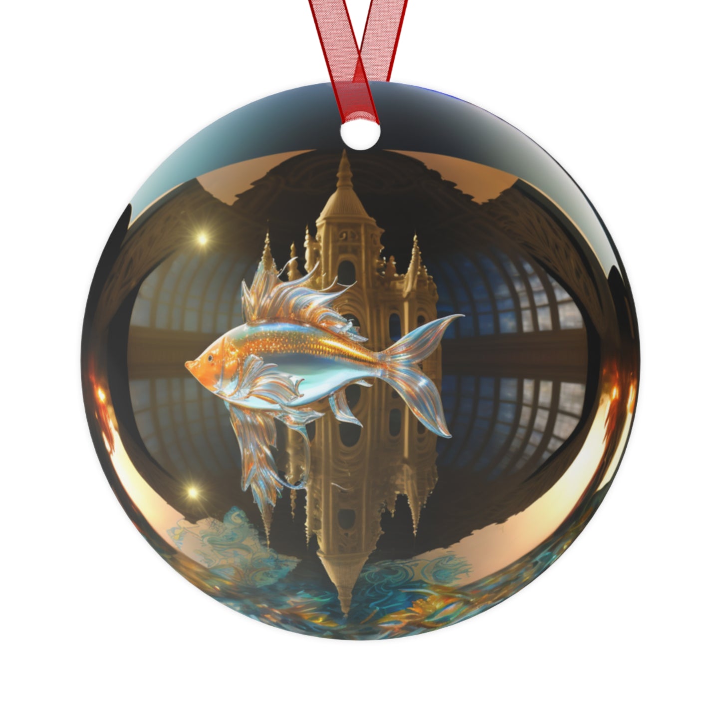 The Teafaerie: transparent spherical glass Christmas bauble with a real goldfish swimming inside of it. The glass is translucent and iridescent and reflective. There is a castle. Metal Ornament