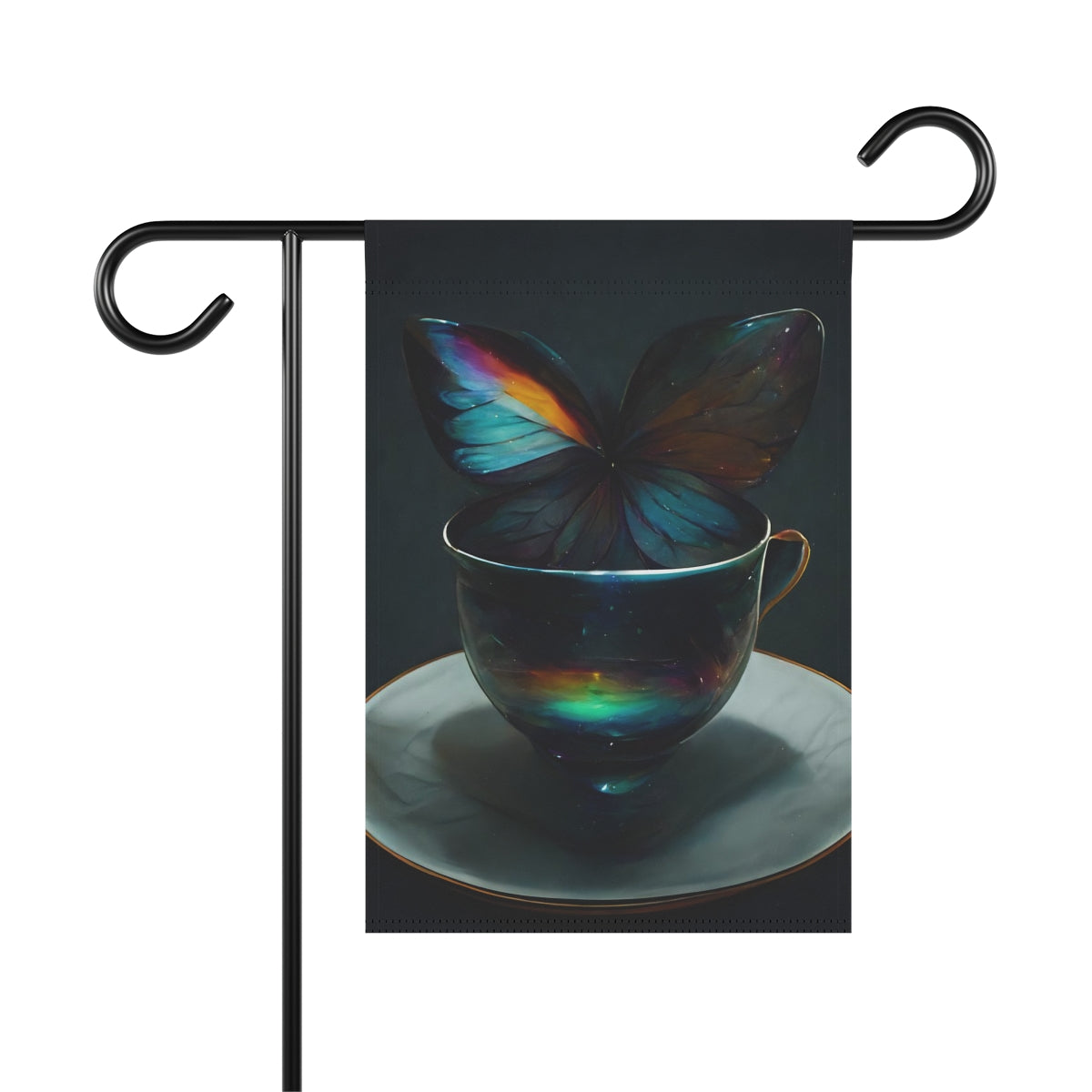 an iridescent teacup with rainbow butterfly wings behind it