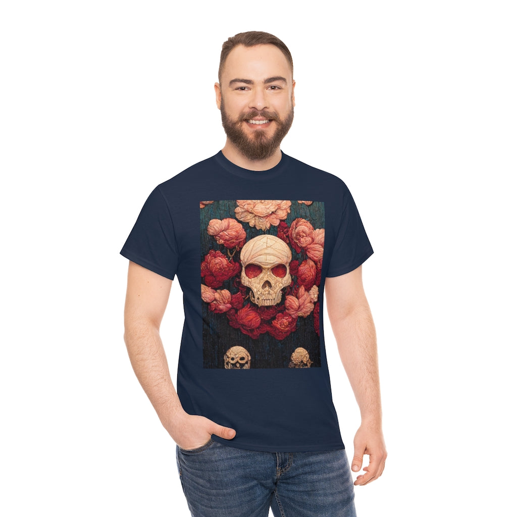 tiling pattern on wood panel of small skulls and vivid roses, gouache illustration - Unisex Heavy Cotton Tee