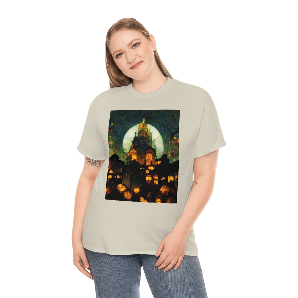 street-level_view_of_halloween_town_at_night_by_alphonse_mucha - Unisex Heavy Cotton Tee