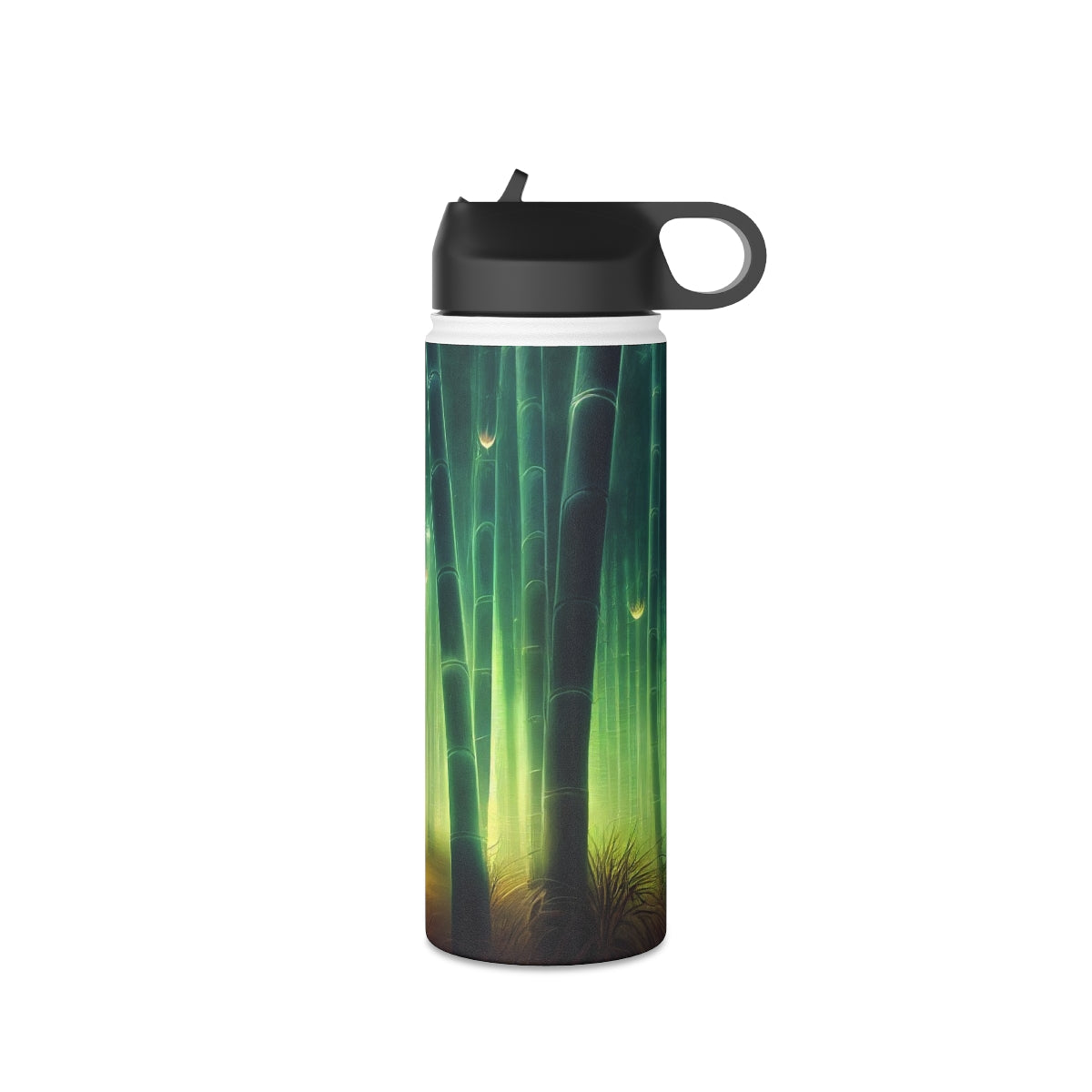 Stainless Steel Water Bottle, Standard Lid - psychedelic bamboo grove, causeway, fireflies, fantasy, intricate detail, illusion, mist, beautiful, hyper-realistic, breathtaking, ghostly figure, majestic, magic colour palette, low angle, unreal engine