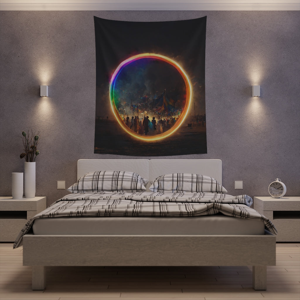 a bright rainbow circle of magic at burning man, cinematic - Printed Wall Tapestry