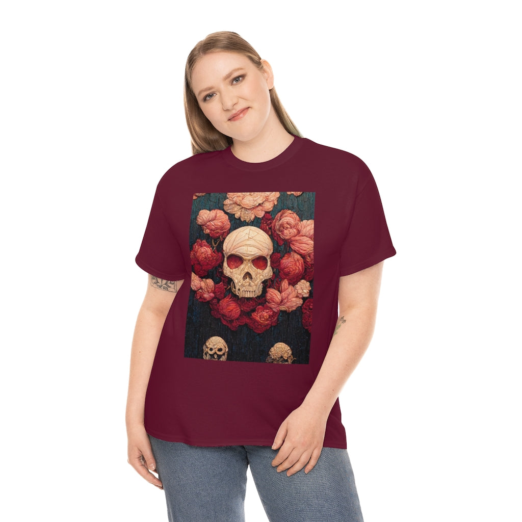 tiling pattern on wood panel of small skulls and vivid roses, gouache illustration - Unisex Heavy Cotton Tee