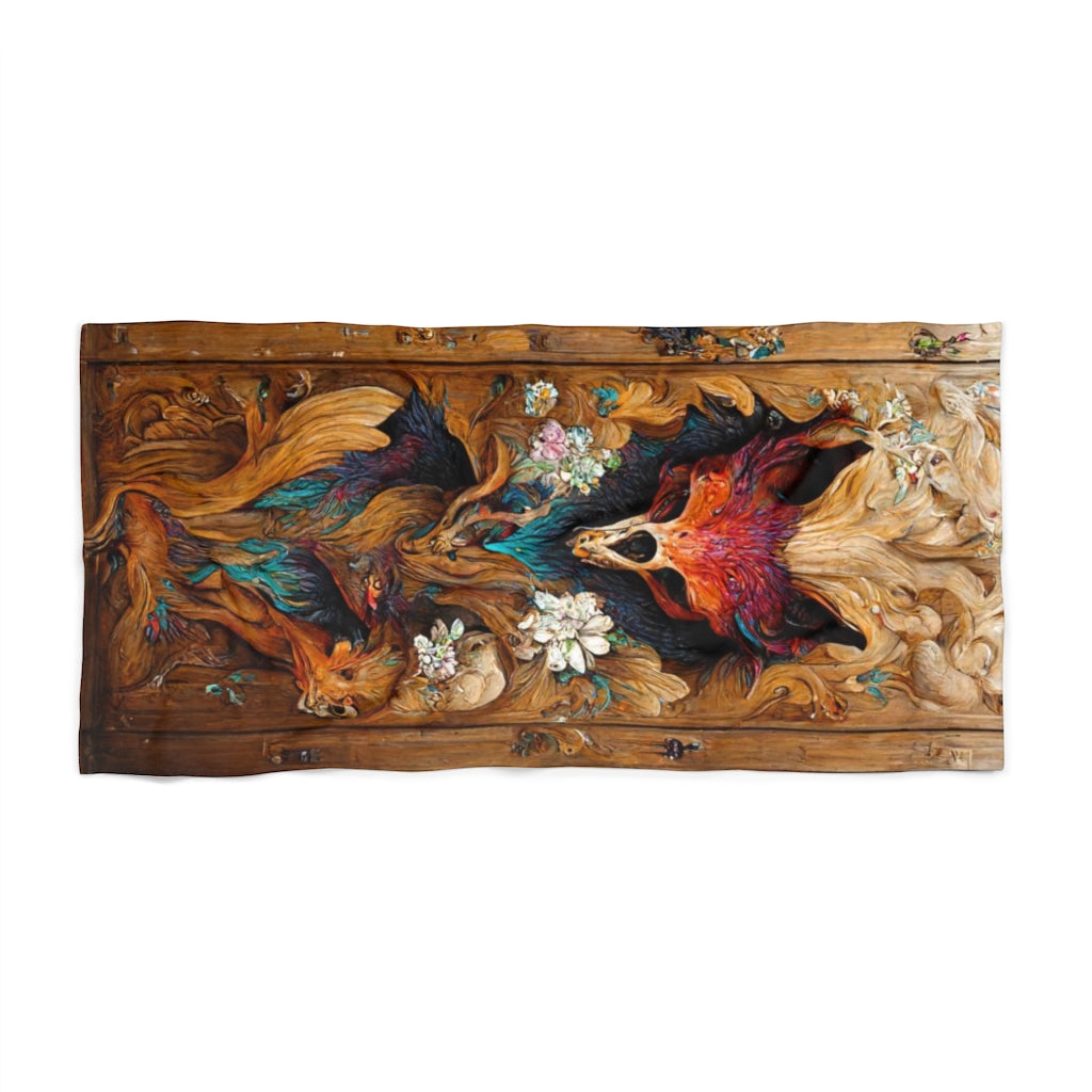 intricate colourfully painted carved wood paneling fox - Beach Towel