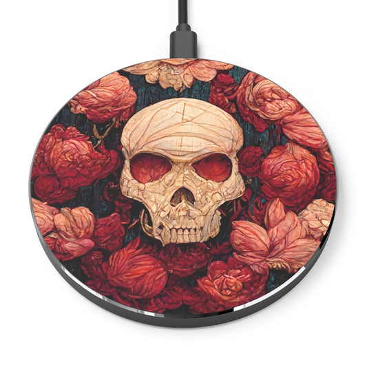 Wireless Charger - tiling pattern on wood panel of small skulls and vivid roses, gouache illustration