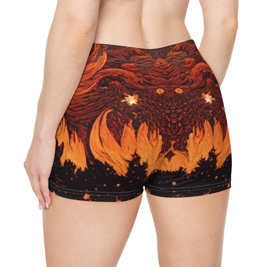 tiling pattern on wood panel of flames and stars  - Women's Shorts (AOP)