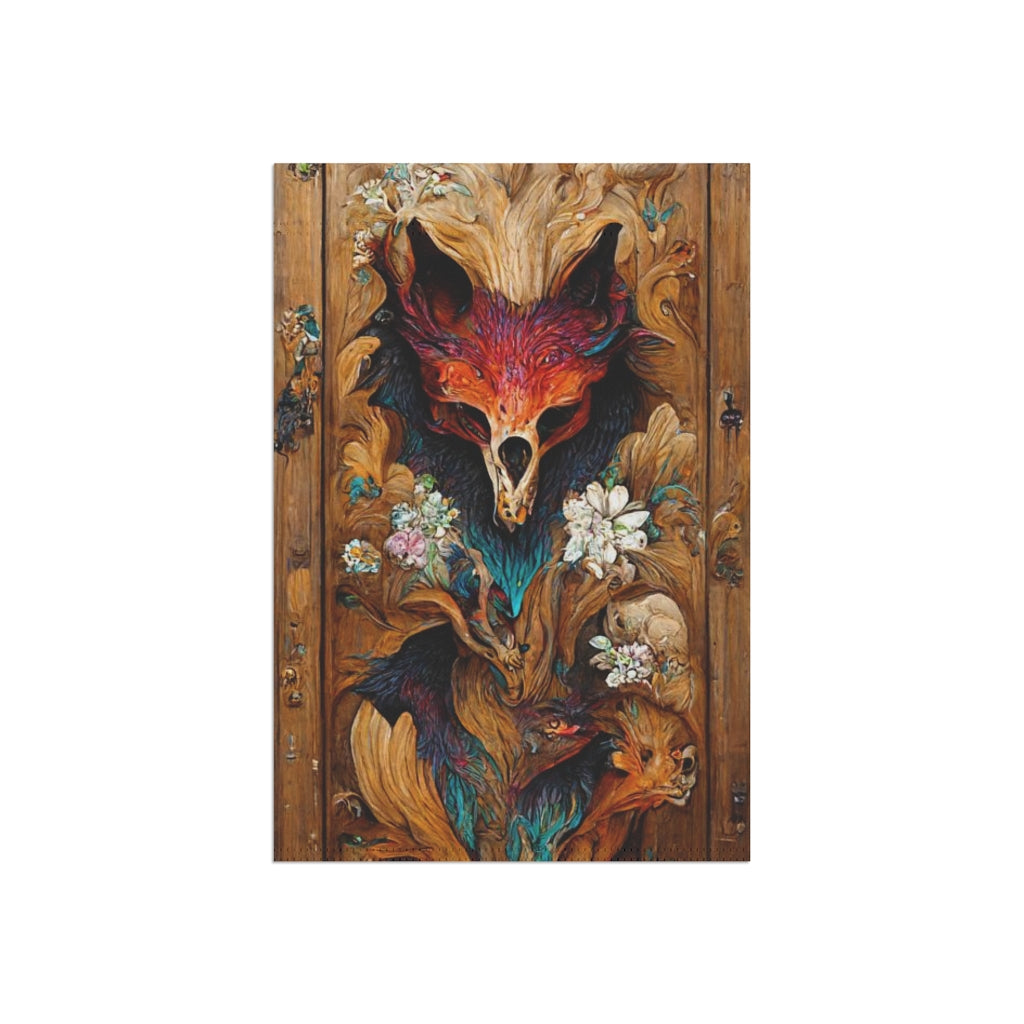 intricate colourfully painted carved wood paneling, fox and ravens, flowerpunk mythology, many hues, artstation - Garden & House Banner