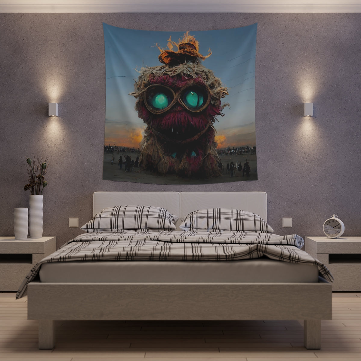 giant muppet monster rampaging at burning man - Indoor Wall Tapestries