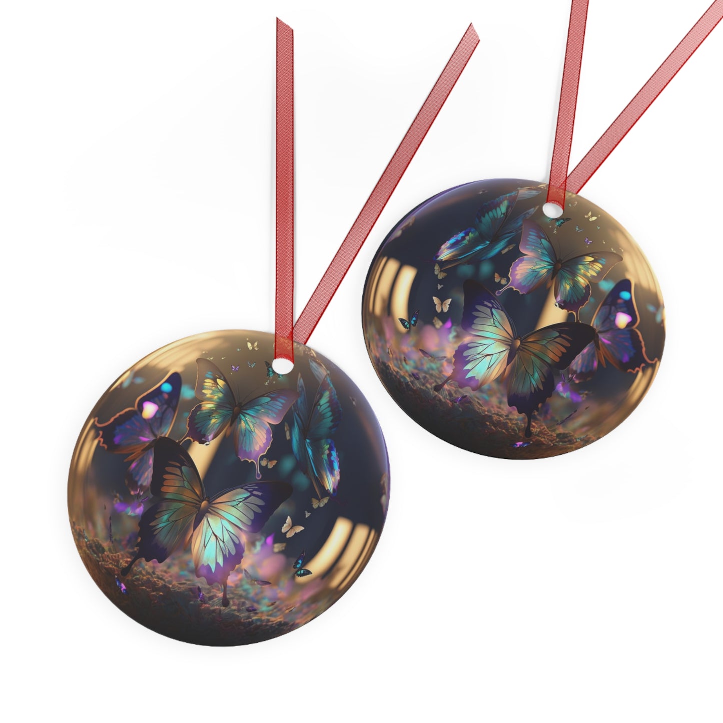 The Teafaerie:  a transparent translucent iridescent somewhat reflective spherical glass christmas bauble covered with iridescent butterflies. Metal Ornament