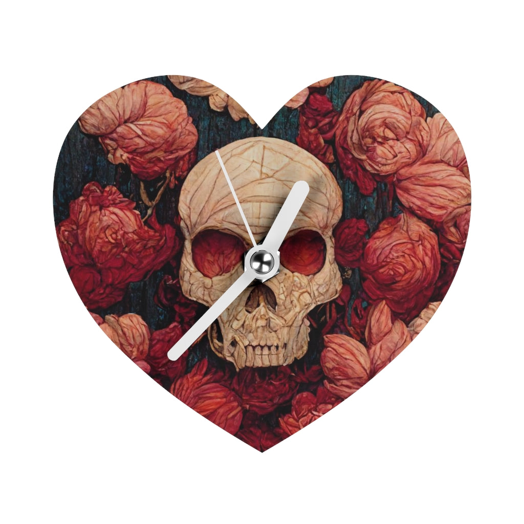 tiling pattern on wood panel of small skulls and vivid roses, gouache illustration