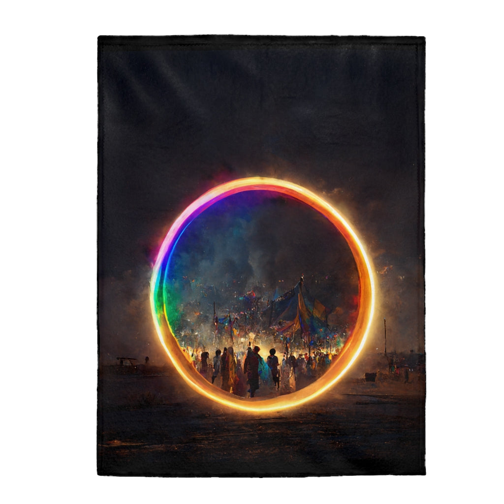 a bright rainbow circle of magic at burning man, cinematic - Velveteen Plush Blanket