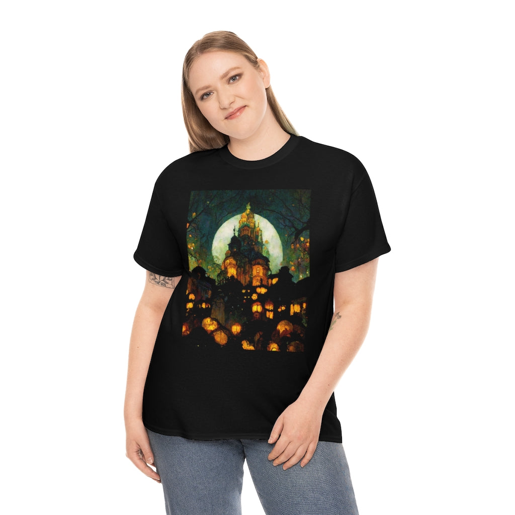 street-level_view_of_halloween_town_at_night_by_alphonse_mucha - Unisex Heavy Cotton Tee