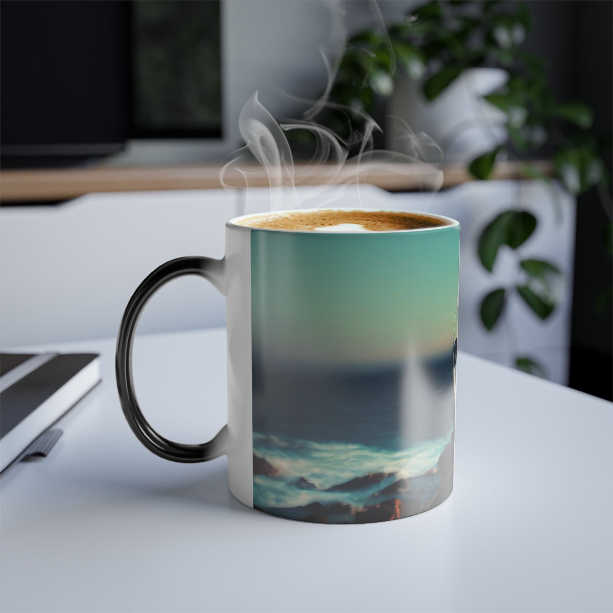 clear spherical bubble houses, set perfectly on top of a rocky shore, beautiful ocean coast -  Color Morphing Mug, 11oz