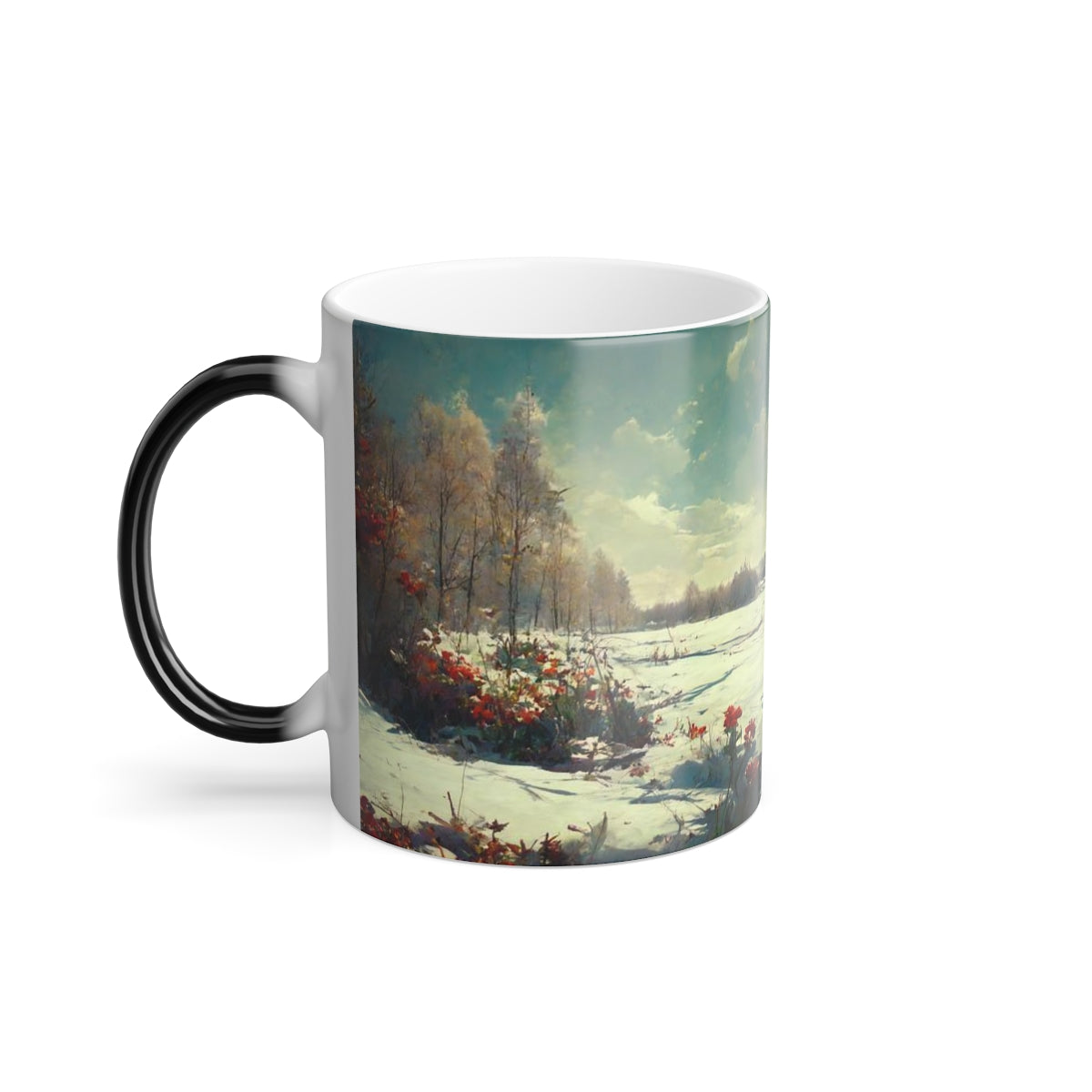 winter landscape, detailed, pastoral theme, flora, fauna, by alphonse mucha - Color Morphing Mug, 11oz