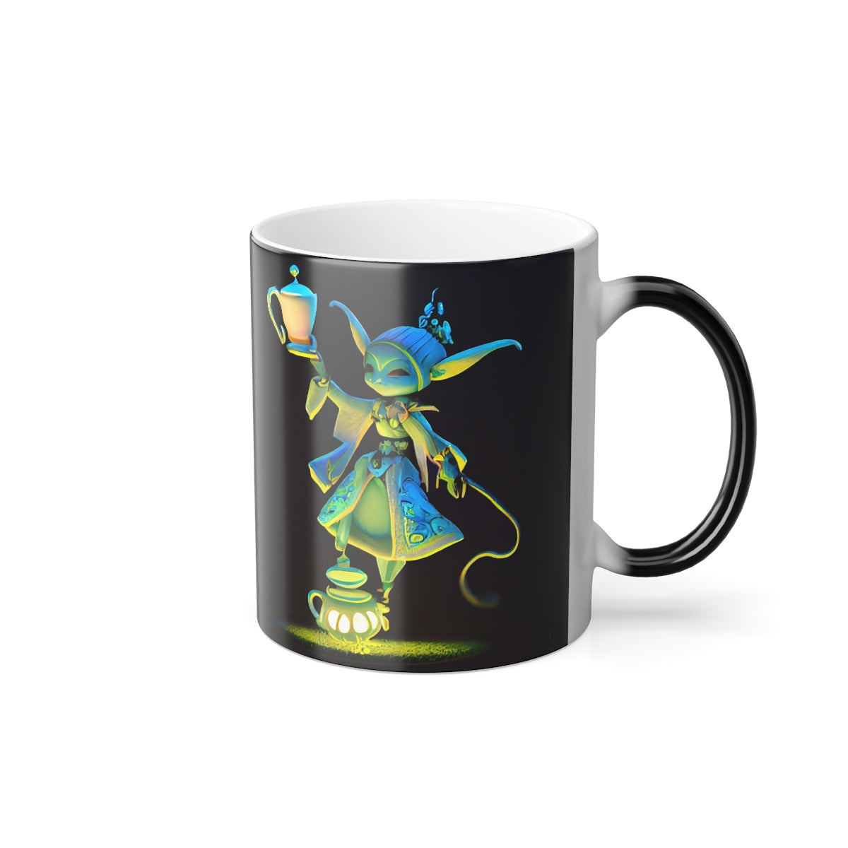 product shot of a super cute warhammer tea faerie, wearing a light dress, brandishing a teapot - Color Morphing Mug, 11oz