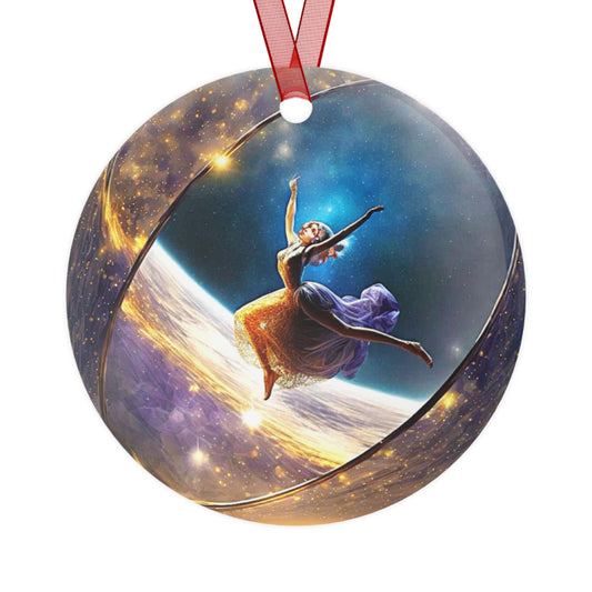 The Teafaerie: a very beautiful zero gravity dancer danced inside of a transparent crystal sphere in space. Metal Ornament