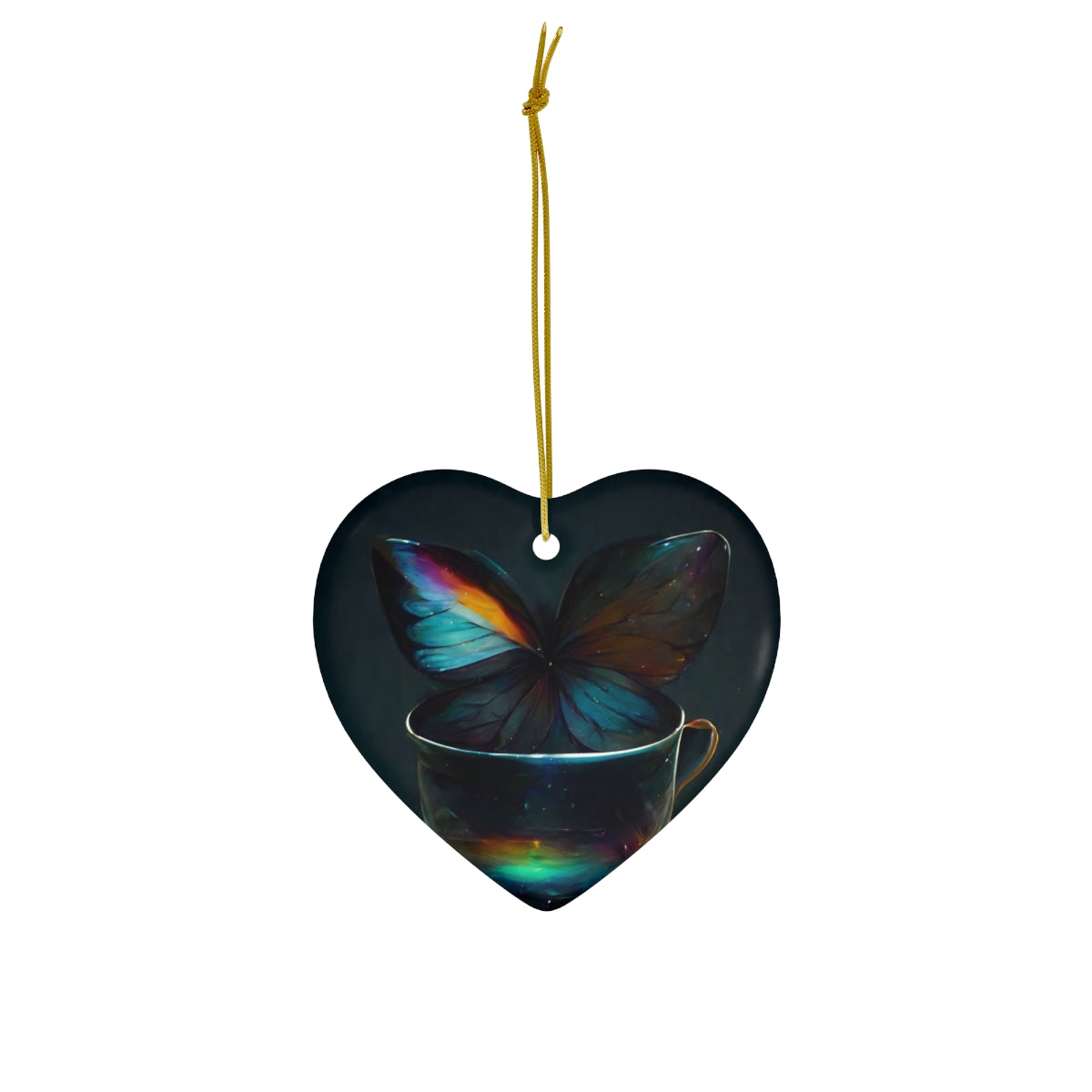 an iridescent teacup with rainbow butterfly wings behind it - Ceramic Ornament, 4 Shapes