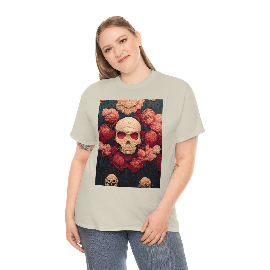 tiling pattern on wood panel of small skulls and vivid roses, gouache illustration - Unisex Heavy Cotton Tee