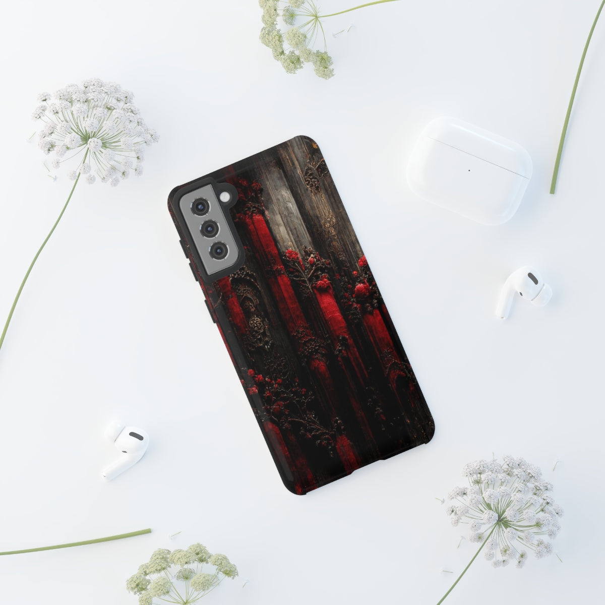 phone case - wall paper texture of red and black gothic painting octane rendering cinematic wooden detailed design frame