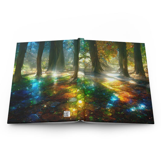 a picture of trees that have mirrors, crystals, and gemstones as leaves, sunlight is dispersed through crystal leaves creating rainbows - Hardcover Journal Matte