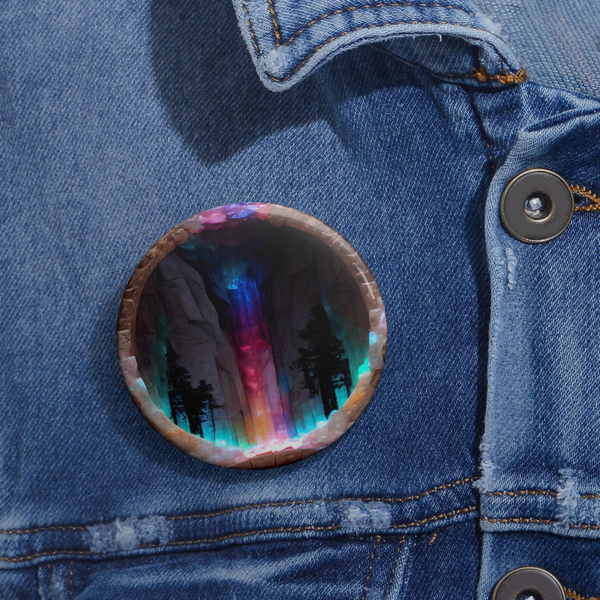 Pin Buttons - psychedelic portal to yosemite made of gemstones and glowing runes