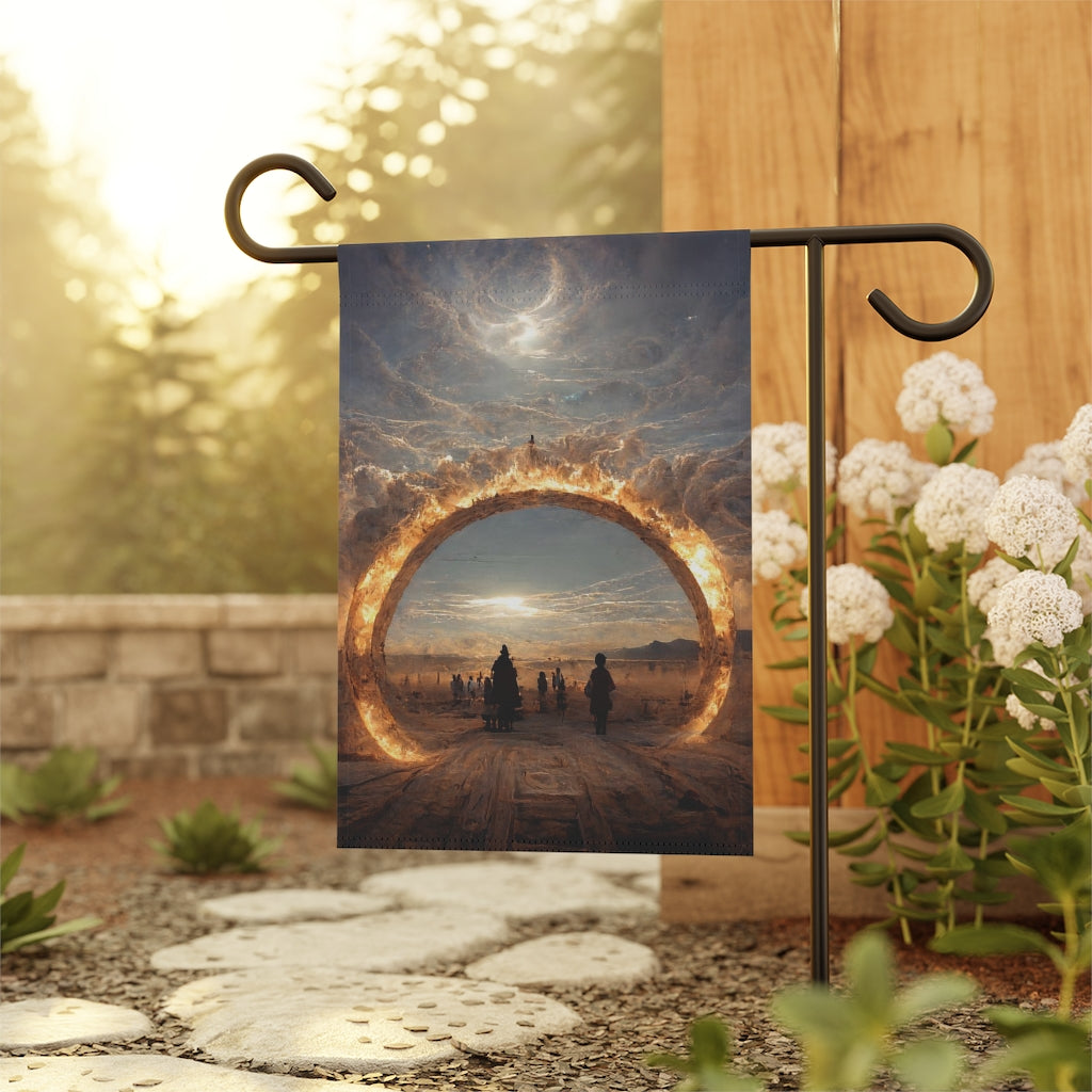 stargate that forms a circle leads to the burning man festival - Garden & House Banner